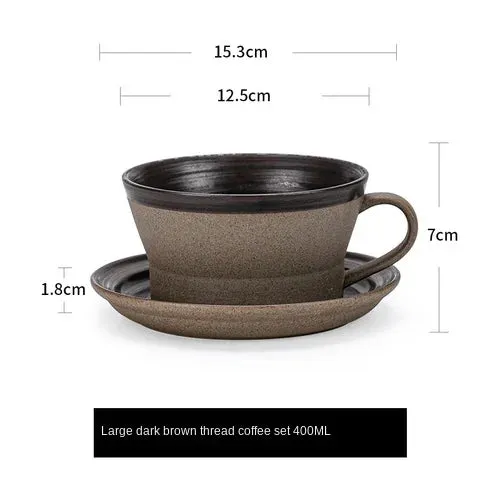 Japanese Style Stoneware Coffee Cup and Saucer Set - Handmade Retro - 240/350/400ml Large Capacity.