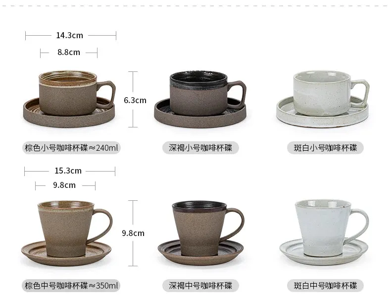 Japanese Style Stoneware Coffee Cup and Saucer Set - Handmade Retro - 240/350/400ml Large Capacity.