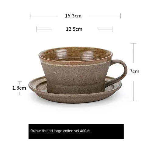 Japanese Style Stoneware Coffee Cup and Saucer Set - Handmade Retro - 240/350/400ml Large Capacity.