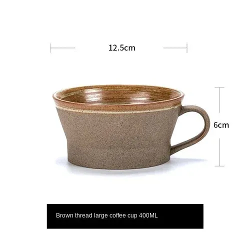 Japanese Style Stoneware Coffee Cup and Saucer Set - Handmade Retro - 240/350/400ml Large Capacity.