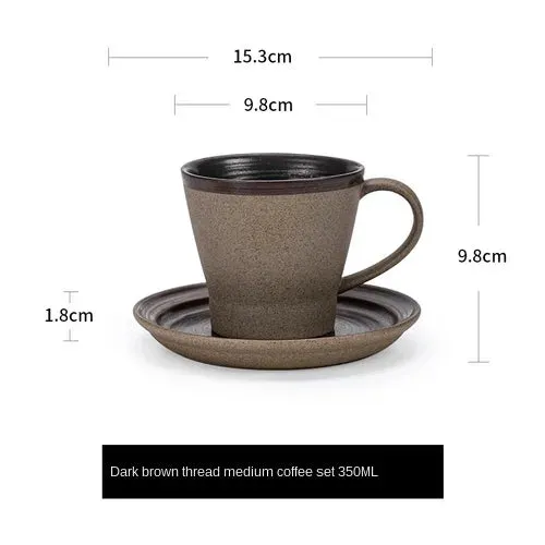 Japanese Style Stoneware Coffee Cup and Saucer Set - Handmade Retro - 240/350/400ml Large Capacity.