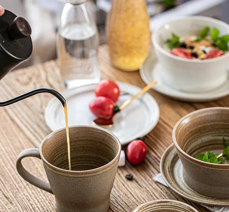 Japanese Style Stoneware Coffee Cup and Saucer Set - Handmade Retro - 240/350/400ml Large Capacity.