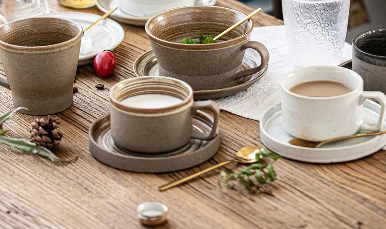 Japanese Style Stoneware Coffee Cup and Saucer Set - Handmade Retro - 240/350/400ml Large Capacity.