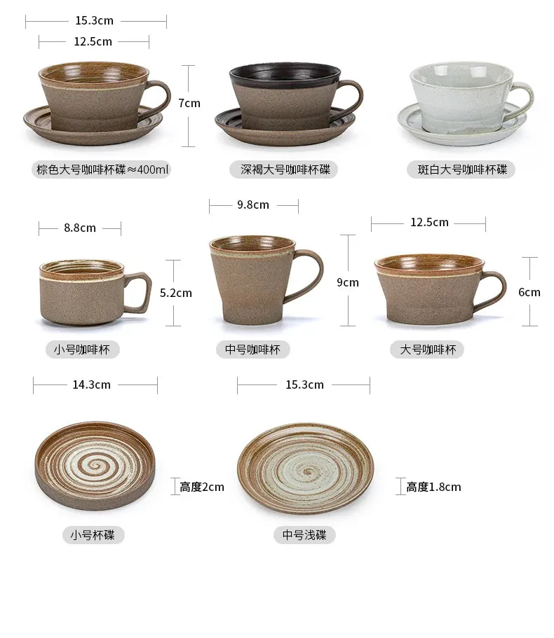 Japanese Style Stoneware Coffee Cup and Saucer Set - Handmade Retro - 240/350/400ml Large Capacity.