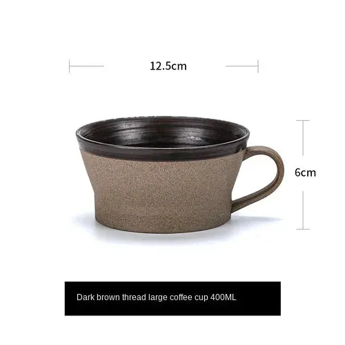 Japanese Style Stoneware Coffee Cup and Saucer Set - Handmade Retro - 240/350/400ml Large Capacity.