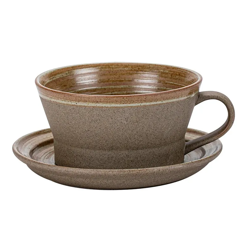 Japanese Style Stoneware Coffee Cup and Saucer Set - Handmade Retro - 240/350/400ml Large Capacity.