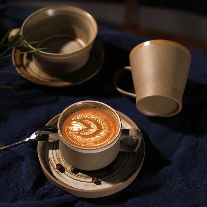 Japanese Style Stoneware Coffee Cup and Saucer Set - Handmade Retro - 240/350/400ml Large Capacity.