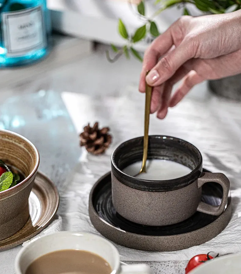 Japanese Style Stoneware Coffee Cup and Saucer Set - Handmade Retro - 240/350/400ml Large Capacity.