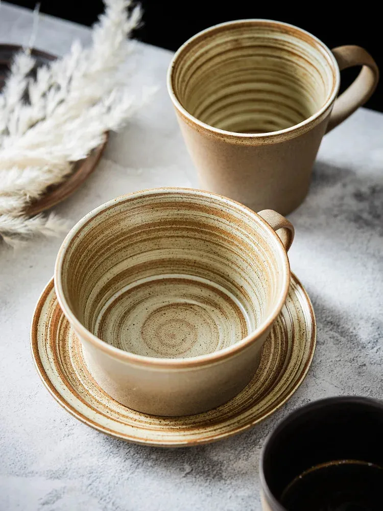 Japanese Style Stoneware Coffee Cup and Saucer Set - Handmade Retro - 240/350/400ml Large Capacity.