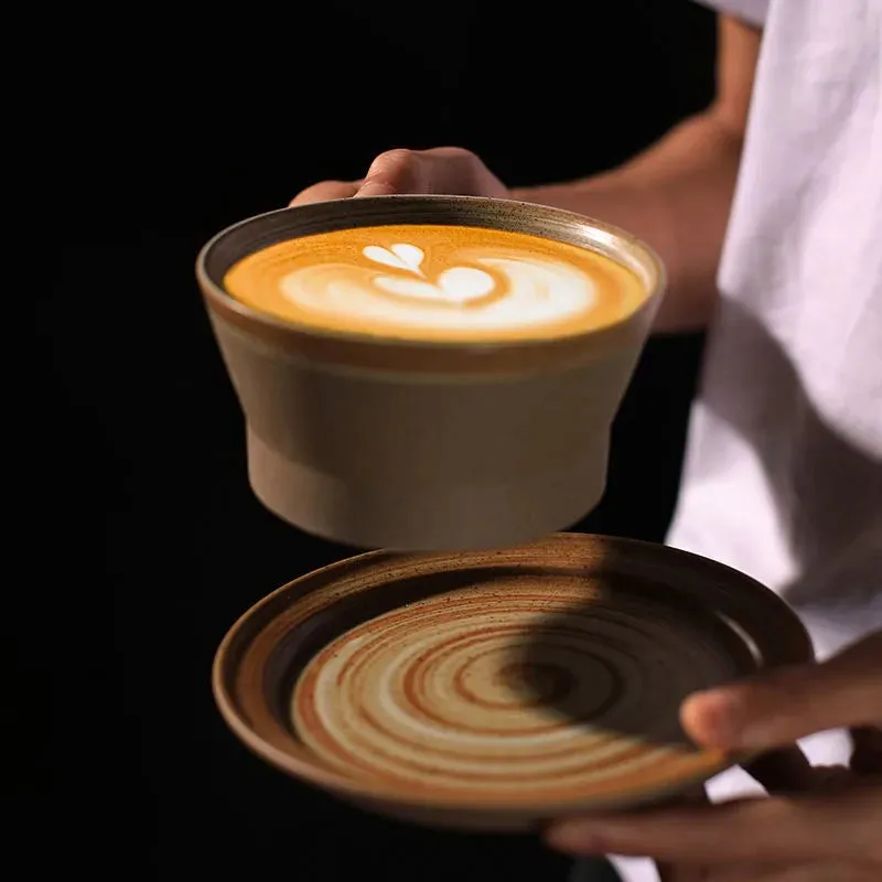 Japanese Style Stoneware Coffee Cup and Saucer Set - Handmade Retro - 240/350/400ml Large Capacity.