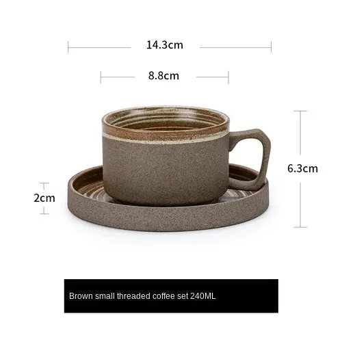 Japanese Style Stoneware Coffee Cup and Saucer Set - Handmade Retro - 240/350/400ml Large Capacity.