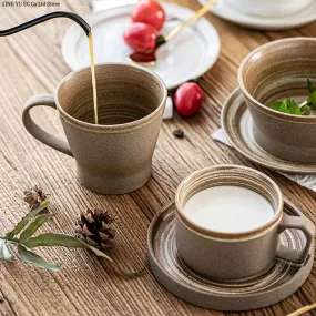 Japanese Style Stoneware Coffee Cup and Saucer Set - Handmade Retro - 240/350/400ml Large Capacity.