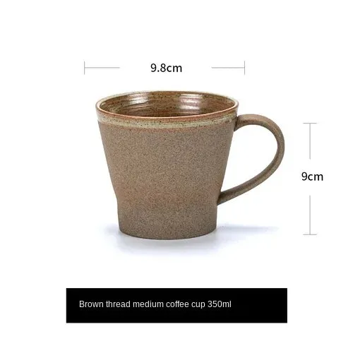 Japanese Style Stoneware Coffee Cup and Saucer Set - Handmade Retro - 240/350/400ml Large Capacity.