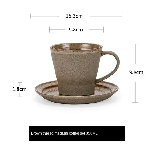 Japanese Style Stoneware Coffee Cup and Saucer Set - Handmade Retro - 240/350/400ml Large Capacity.