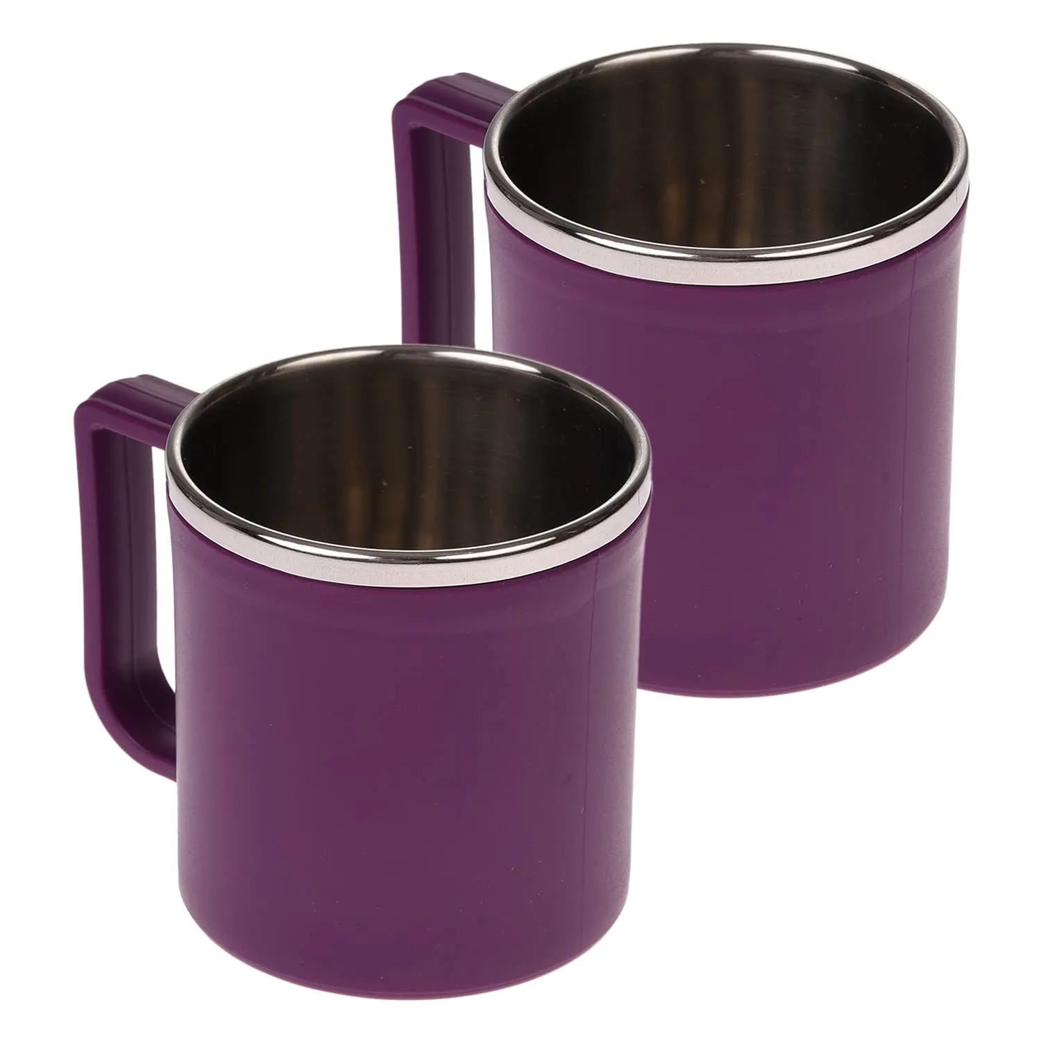 Kuber Industries Coffee Mug|Inside Stainless Steel Double Wall Tea Cup|Outside Plastic Stylish Milk Mug for Kids & Adults|Pack of 2 (Purple)