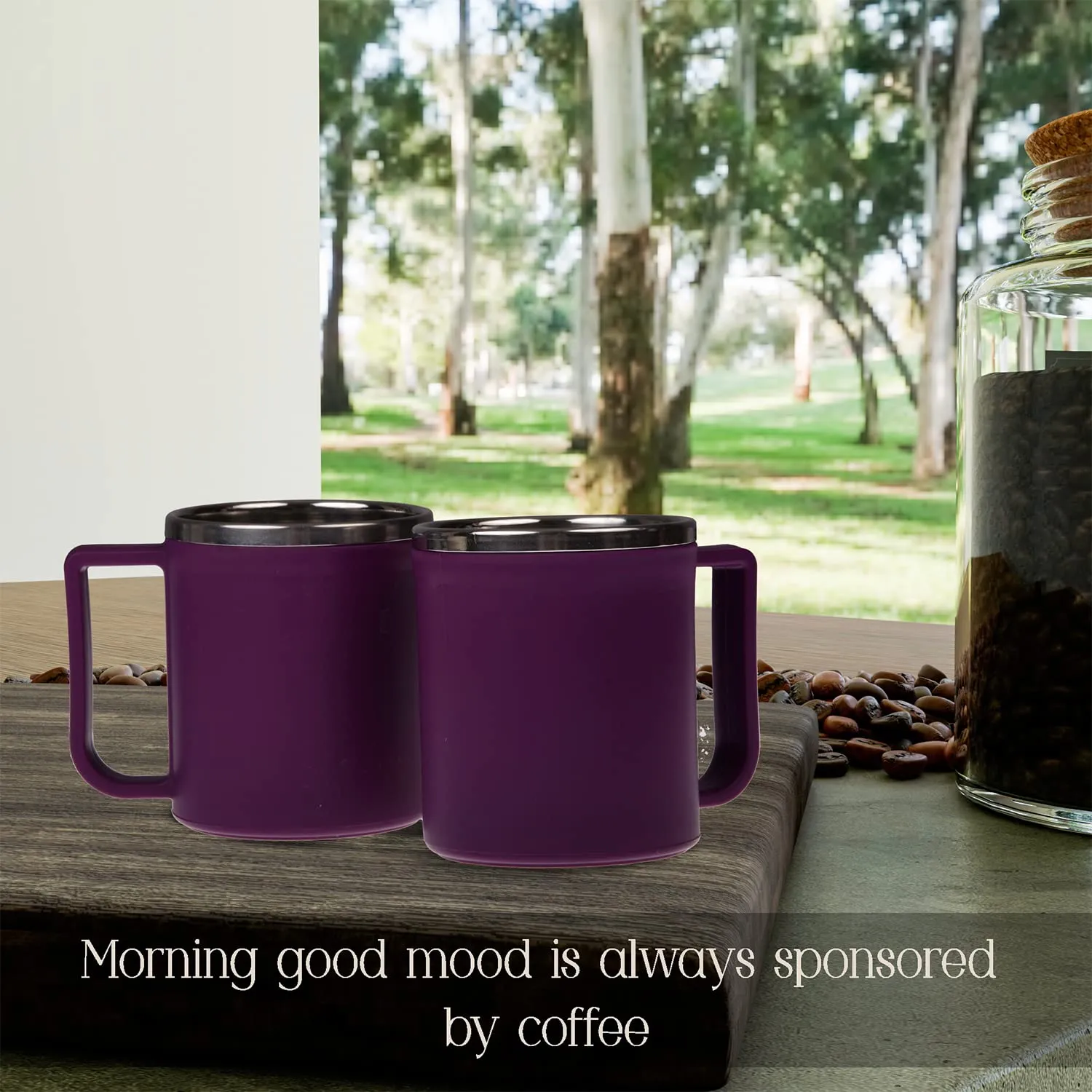 Kuber Industries Coffee Mug|Inside Stainless Steel Double Wall Tea Cup|Outside Plastic Stylish Milk Mug for Kids & Adults|Pack of 2 (Purple)