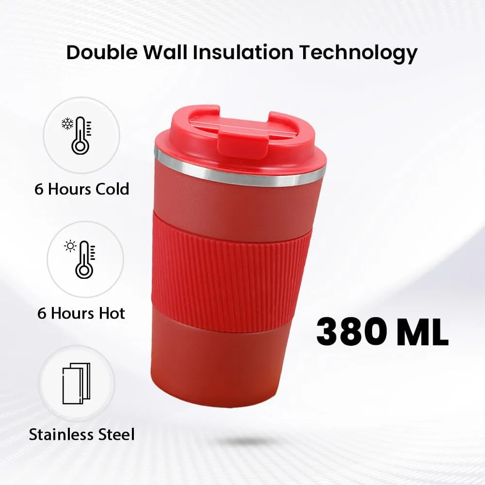 Kuber Industries Stainless Steel Insulated Coffee Mug with Sleeve|Travel Coffee Mug 380 ML-Pack of 5|Red|