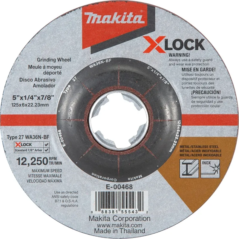 Makita X-LOCK E-00468 Grinding Wheel, 5 in Dia, 1/4 in Thick, 7/8 in Arbor, 36 Grit, Coarse :EA: QUANTITY: 1