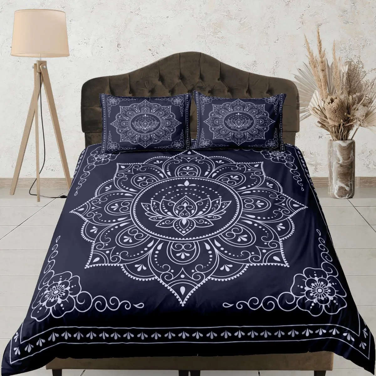 Mandala dark blue duvet cover boho bedding set full, queen, king, dorm bedding, aesthetic room decor indian bedspread maximalist decor