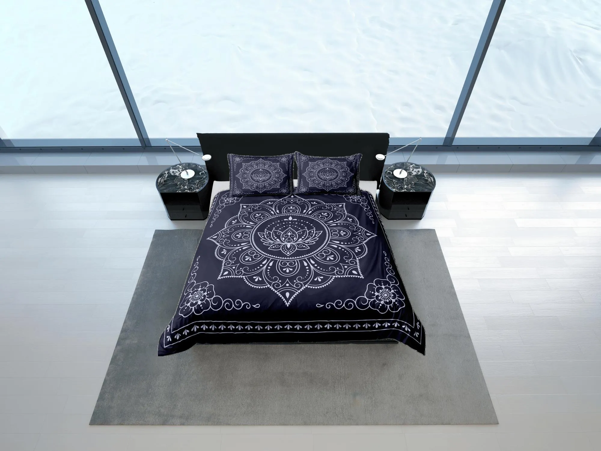 Mandala dark blue duvet cover boho bedding set full, queen, king, dorm bedding, aesthetic room decor indian bedspread maximalist decor