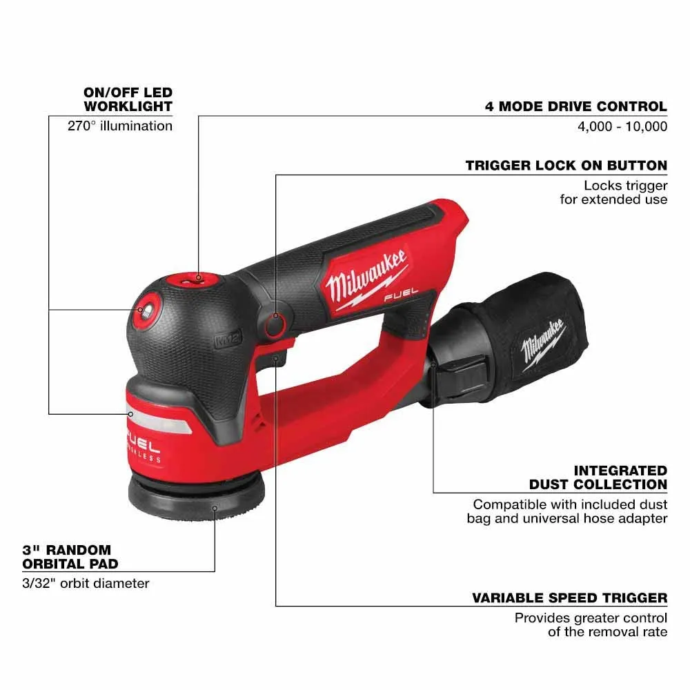 Milwaukee 2535-20 M12 FUEL 3" Random Orbital Detail Sander, Bare