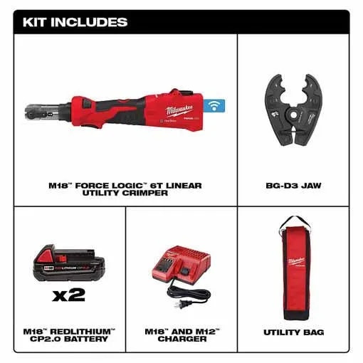 Milwaukee 2978-22BG M18™ FORCE LOGIC™ 6T Linear Utility Crimper Kit w/ BG-D3 Jaw