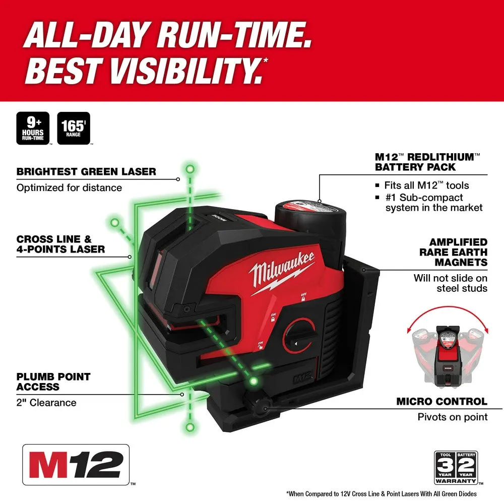 Milwaukee 3624-20 M12 Green Laser - Cross Line & 4-Points