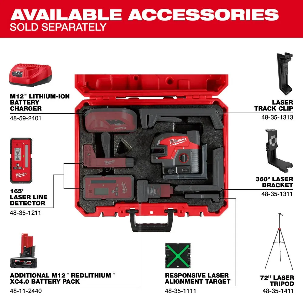 Milwaukee 3624-20 M12 Green Laser - Cross Line & 4-Points