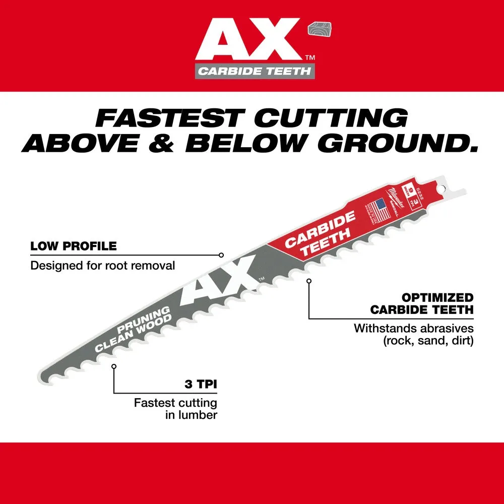 Milwaukee 48-00-5333 12" 3 TPI The AX™ with Carbide Teeth for Pruning & Clean Wood SAWZALL® Blade 3PK