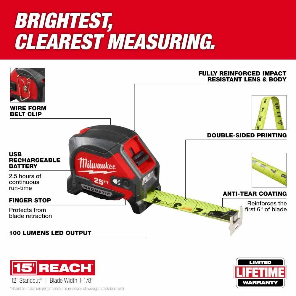 Milwaukee 48-22-0428 25" Compact Wide Blade Magnetic Tape Measure w/ Rechargeable 100 Lumen LED Light