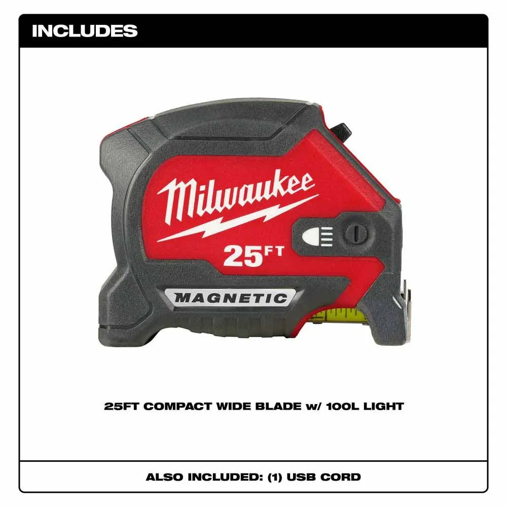 Milwaukee 48-22-0428 25" Compact Wide Blade Magnetic Tape Measure w/ Rechargeable 100 Lumen LED Light