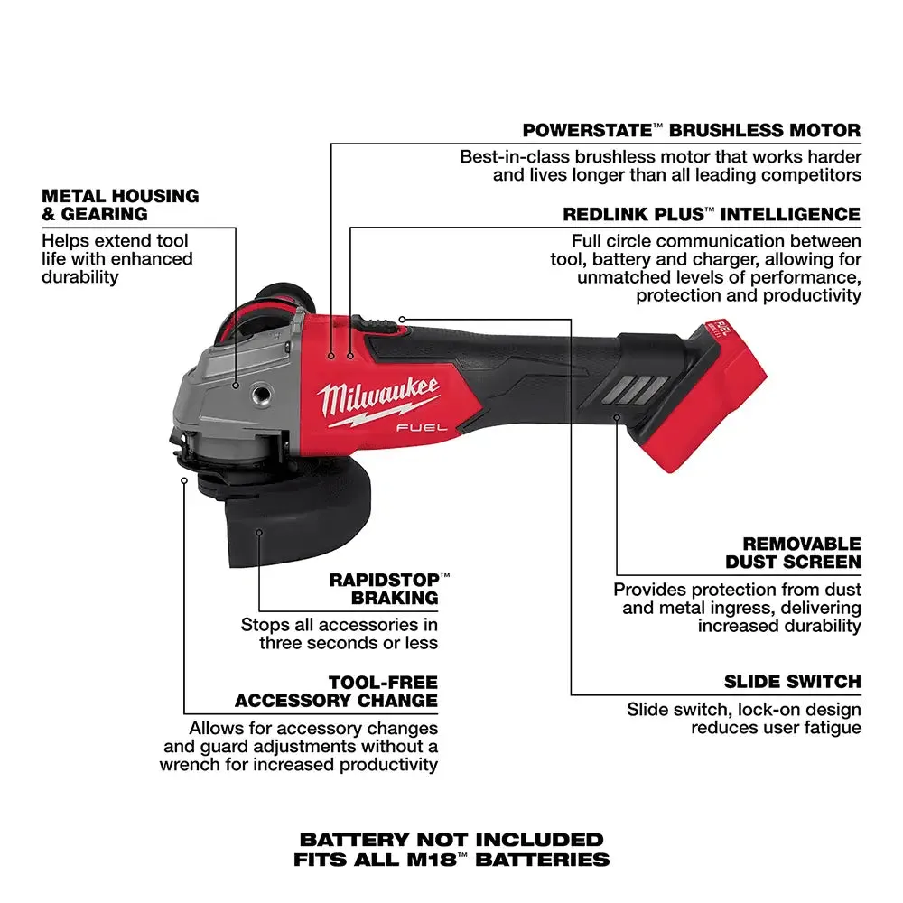 Milwaukee M18 FUEL 4-1/2" / 5" Braking Slide Switch Grinder, (Lock-On)