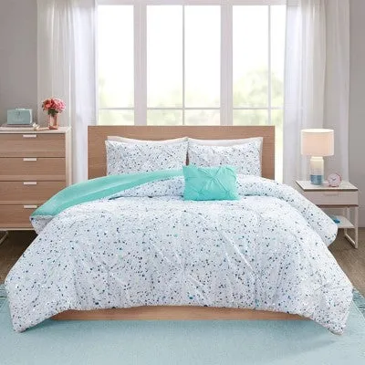 New - 3pc Twin/Twin Extra Long Nicole Metallic Printed and Pintucked Duvet Cover Set Aqua Blue - Intelligent Design