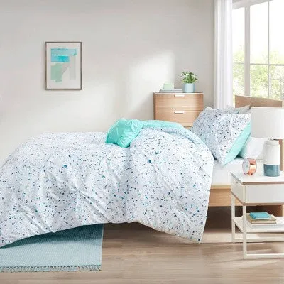 New - 3pc Twin/Twin Extra Long Nicole Metallic Printed and Pintucked Duvet Cover Set Aqua Blue - Intelligent Design