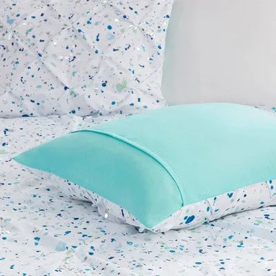 New - 3pc Twin/Twin Extra Long Nicole Metallic Printed and Pintucked Duvet Cover Set Aqua Blue - Intelligent Design