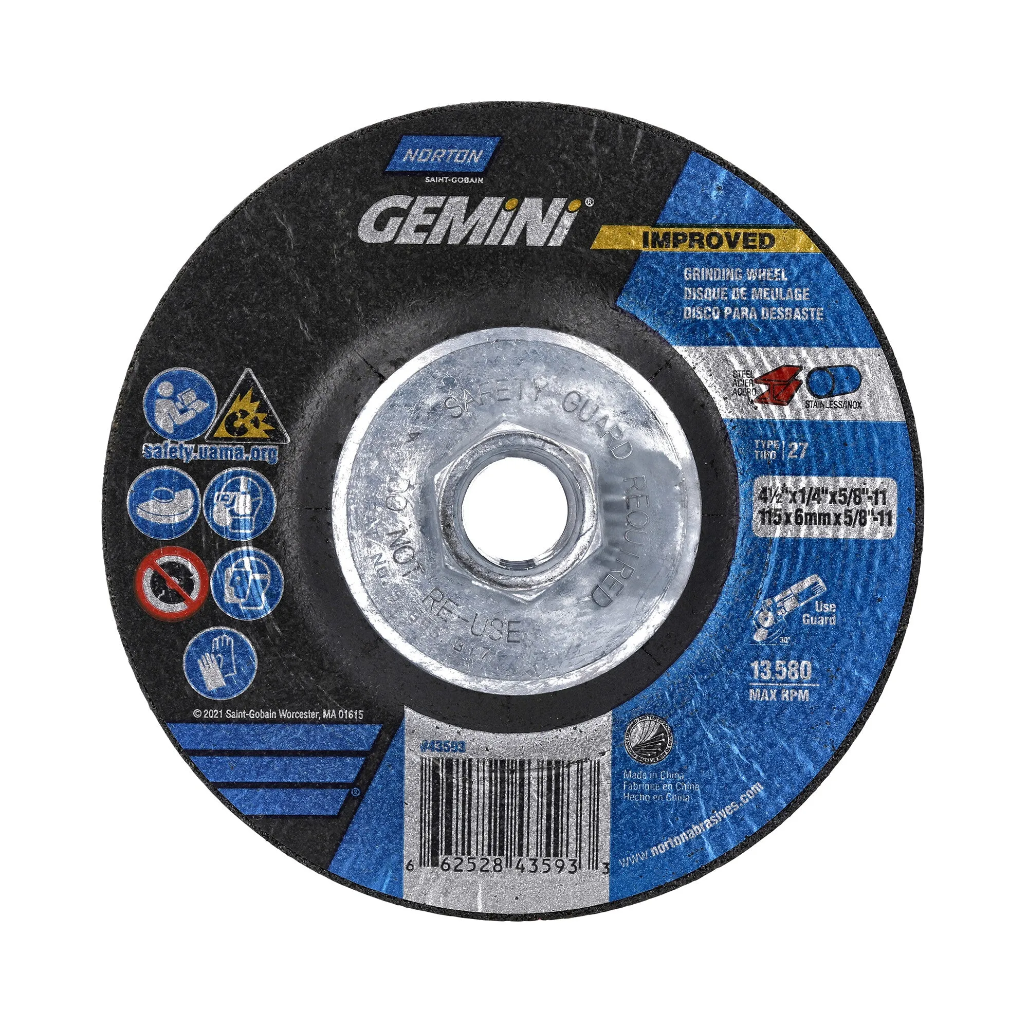 Norton 4-1/2 x 1/4 x 5/8 - 11 In. Gemini Grinding Wheel 24 S BDA T27 10 Count