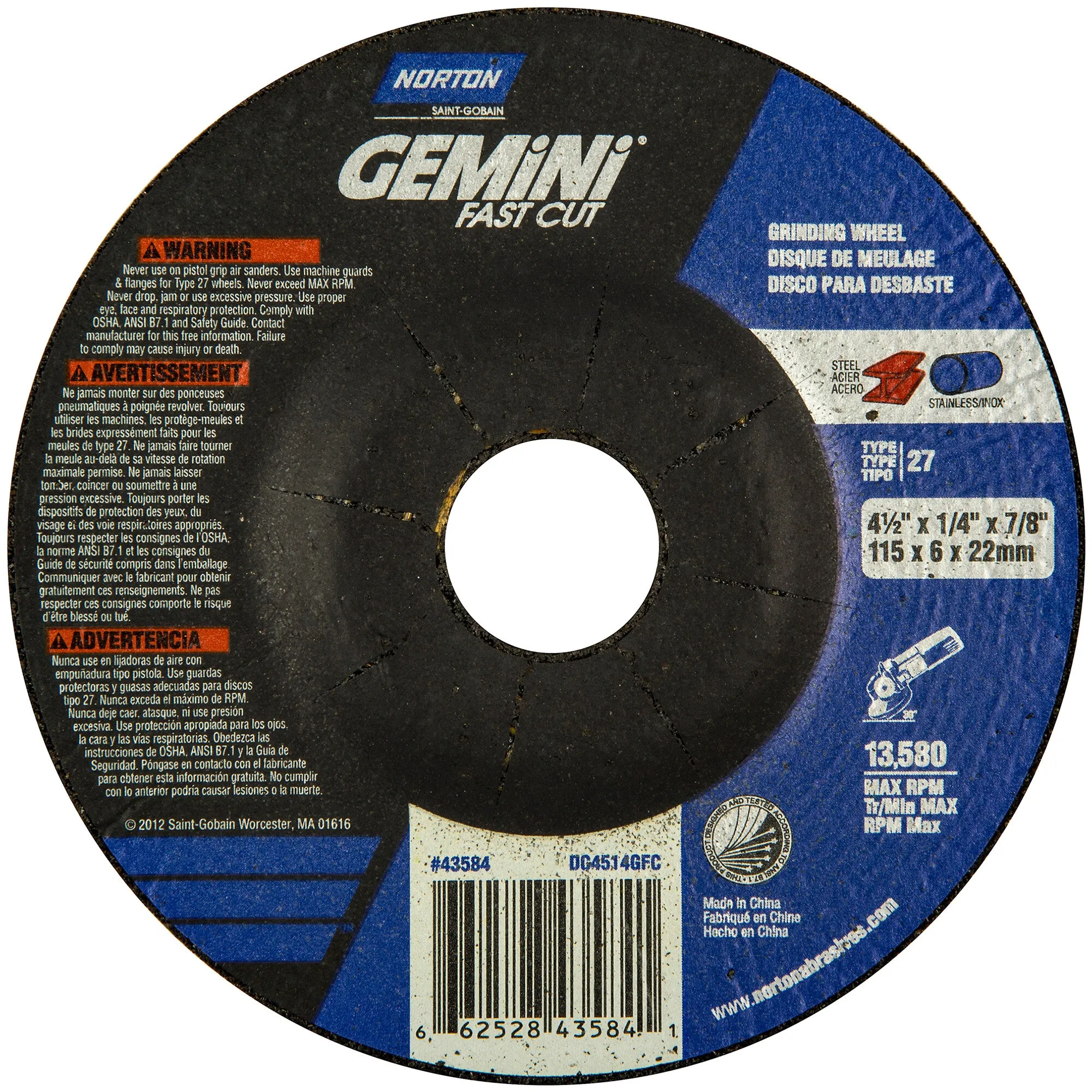 Norton 4-1/2 x 1/4 x 7/8 In. Gemini FC Grinding Wheel 24 N BDA T27 25 Count