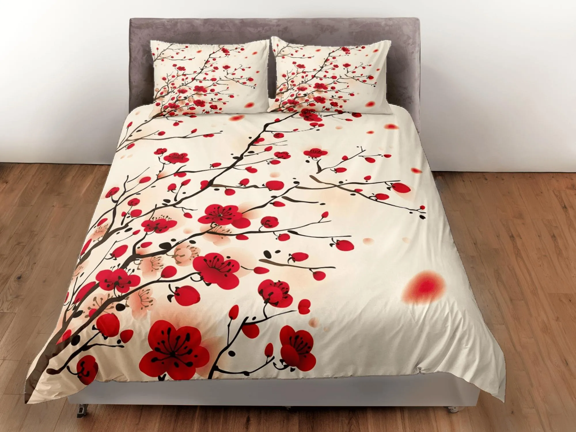 Oriental cherry blossom beige bedding floral prints duvet cover queen, king, boho bedding designer bedspread full size bedding aesthetic