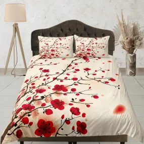 Oriental cherry blossom beige bedding floral prints duvet cover queen, king, boho bedding designer bedspread full size bedding aesthetic