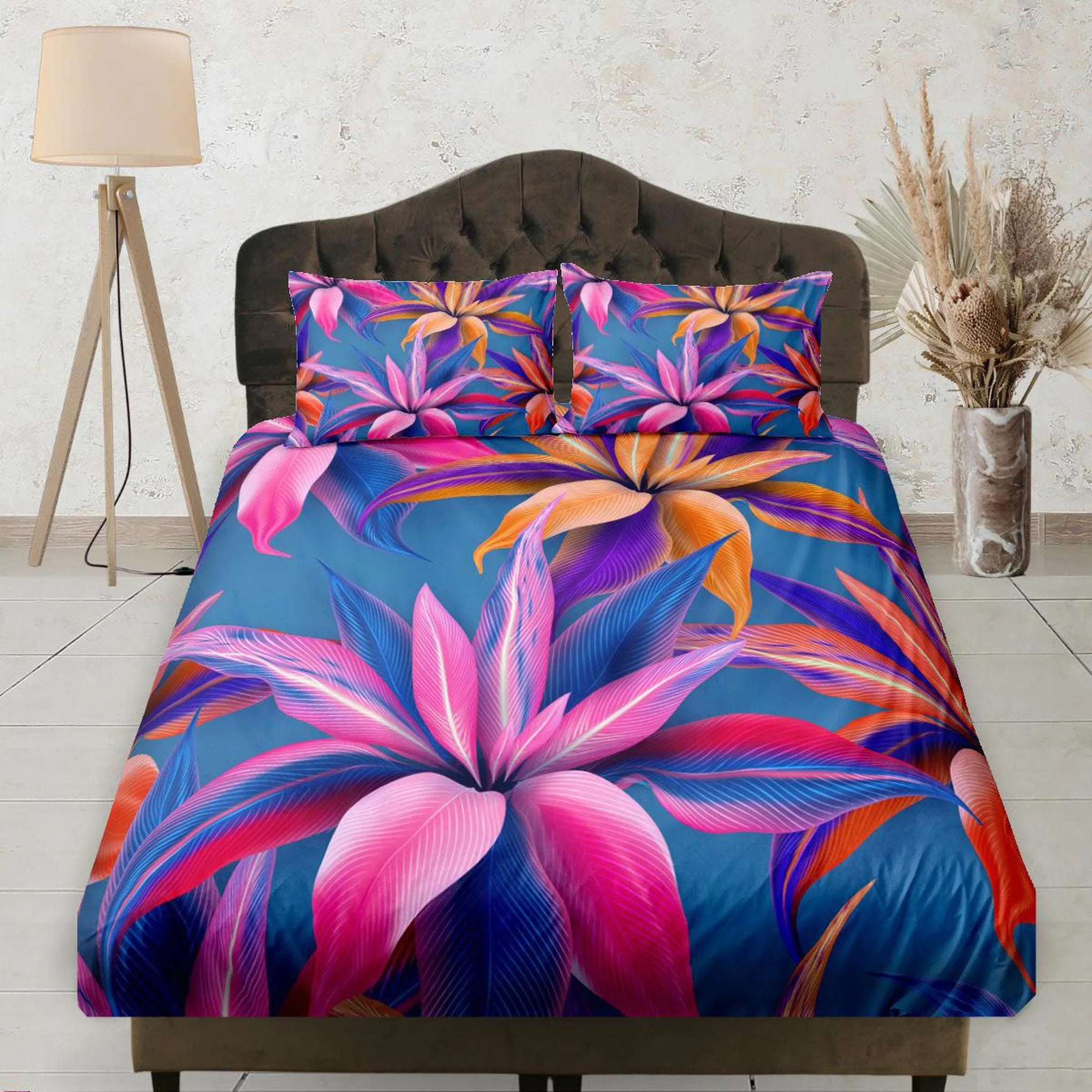 Pink Flowers in Neon Purple Fitted Bedsheet, Floral Prints, Aesthetic Boho Bedding Set Full, Dorm Bedding, Crib Sheet, King, Queen Sheet