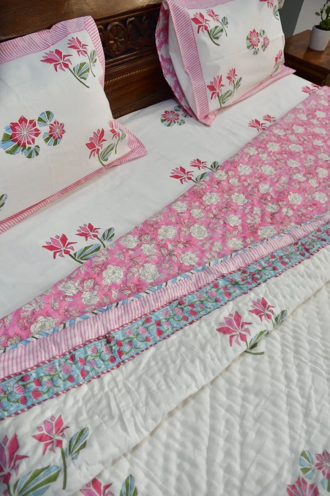 Pink Lotus Handblock Bedding Set