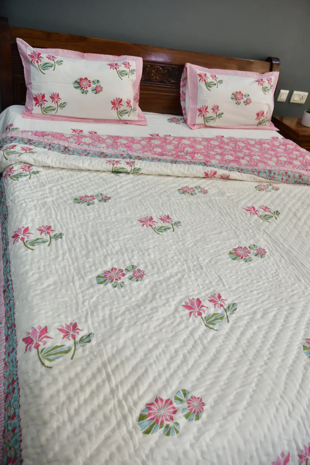 Pink Lotus Handblock Bedding Set