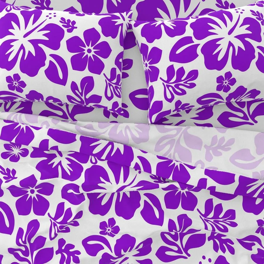 Purple Hawaiian Flowers on White Sheet Set from Surfer Bedding™️ Medium Scale