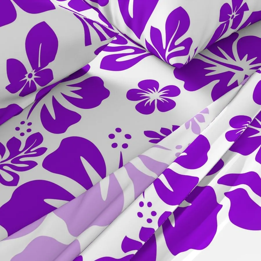 Purple Hawaiian Flowers on White Sheet Set from Surfer Bedding™️ Medium Scale