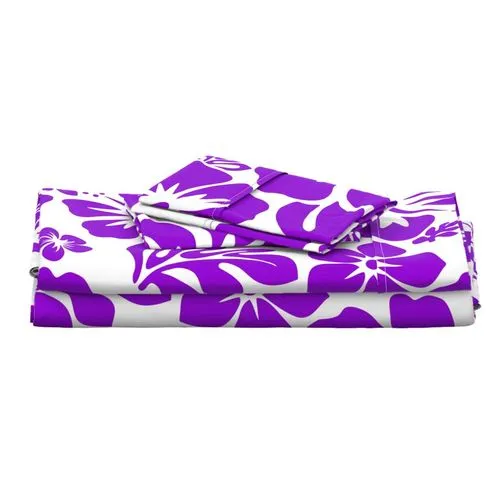 Purple Hawaiian Flowers on White Sheet Set from Surfer Bedding™️ Medium Scale