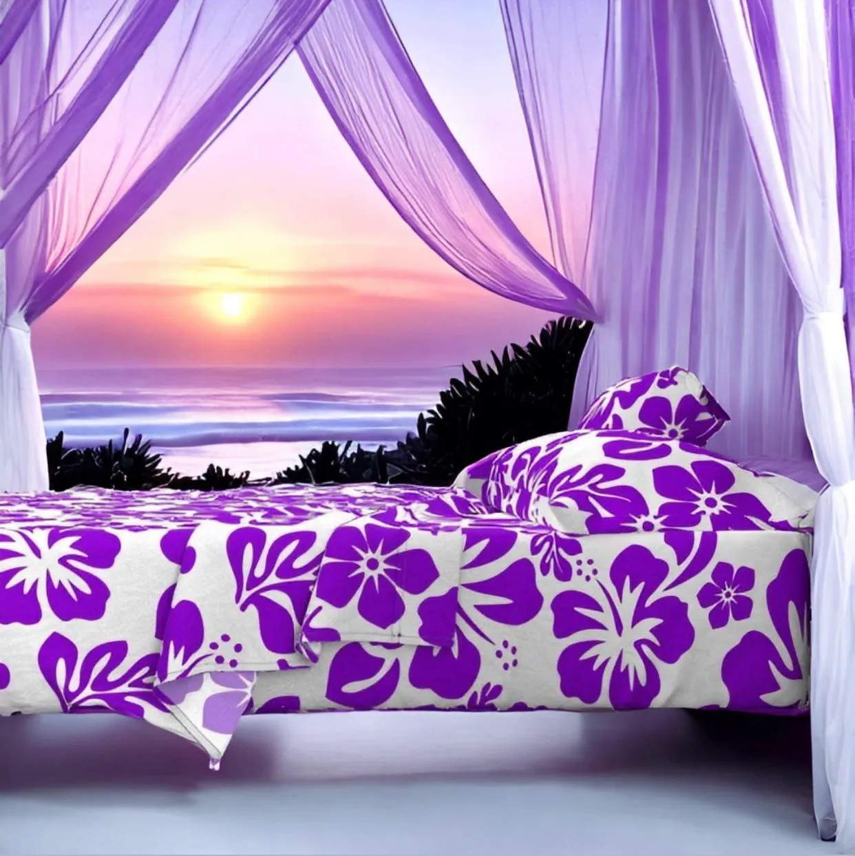 Purple Hawaiian Flowers on White Sheet Set from Surfer Bedding™️ Medium Scale