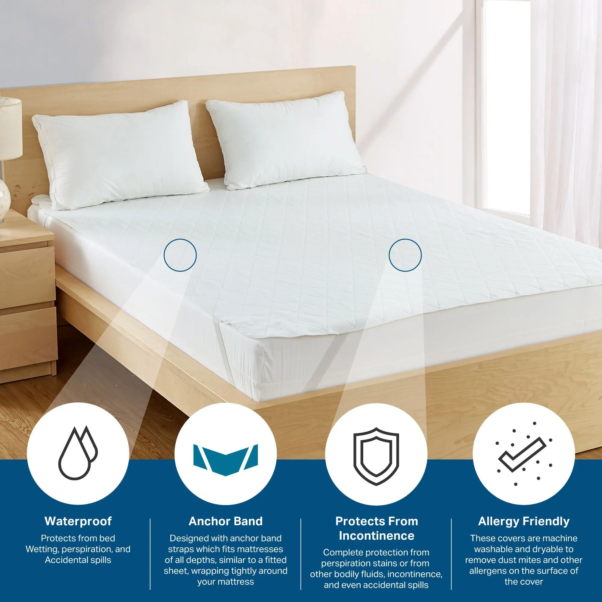 Quilted Waterproof Mattress Pads - Anchor Band and Fitted Style Available