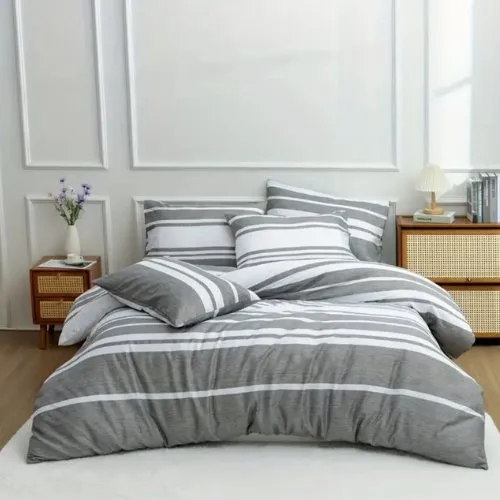 Single Size 4 pieces, Gray Stripe Design Bedding set.