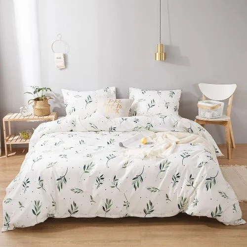 Single size bedding set 4 pieces without filler, Small Green leaves design