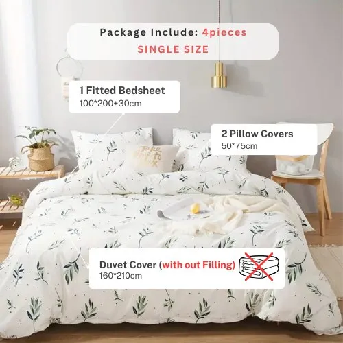 Single size bedding set 4 pieces without filler, Small Green leaves design